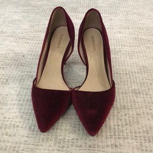 Red velvet pointy toed heels